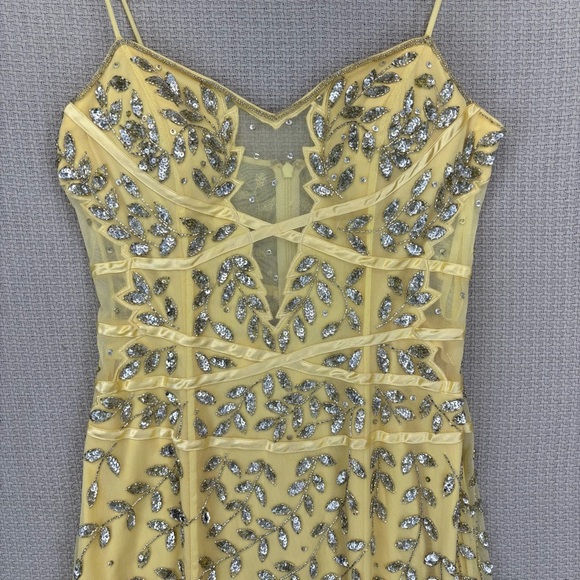 Vintage Cache Yellow Beaded Evening Gown Women L- Maxi Sleeveless Cocktail Sheer - Picture 2 of 14